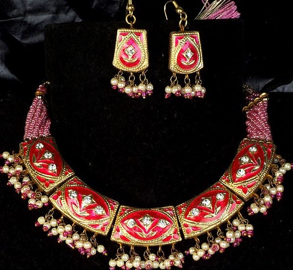 Magenta Bridal Necklace and Earrings Set with Cut Glass