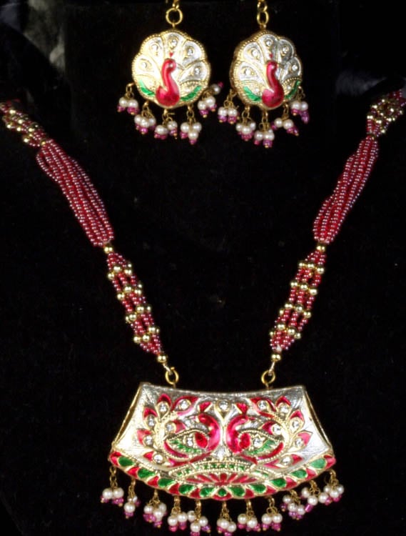 Magenta Peacock Necklace and Earrings Set with Elephant on Reverse