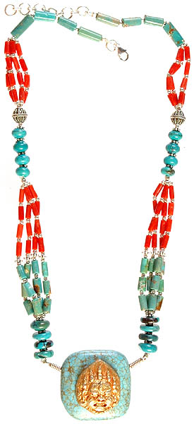 Mahakala Beaded Necklace with Coral and Turquoise