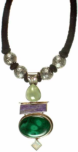 Malachite, Amethyst, Prehnite and Rainbow Moonstone Necklace with Black Cord