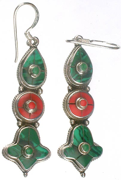 Malachite and Coral Inlay Earrings