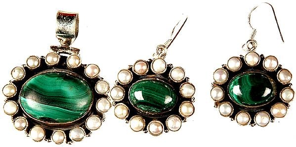 Malachite and Pearl Pendant with Earrings Set