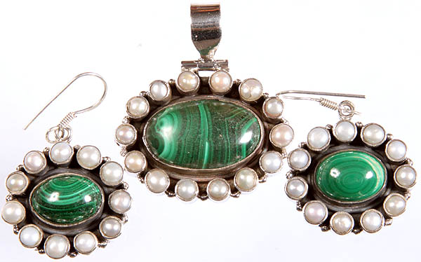 Malachite and Pearl Pendant with Matching Earrings Set