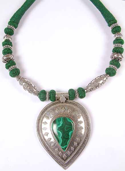 Malachite Necklace with Granulation & Matching Cord