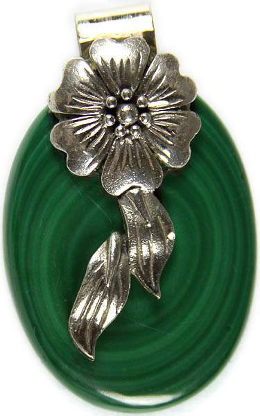 Malachite Oval Pendant with Sterling Blooming Flower Leaves