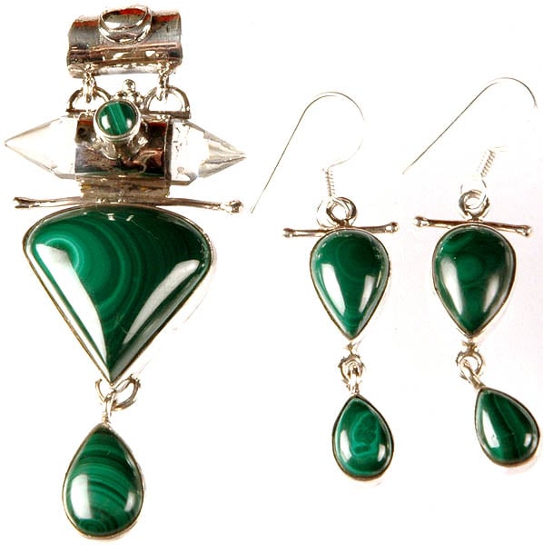 Malachite Pendant with Earrings Set and Crystal