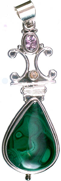 Malachite Pendant with Faceted Amethyst and Citrine