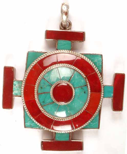 Mandala Pendant with Turquoise and Coral Inlay