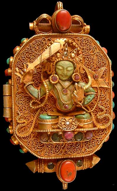 Manjushri & Avalokiteshvara (Gold Plated Gau Box Pendant from Tibet)