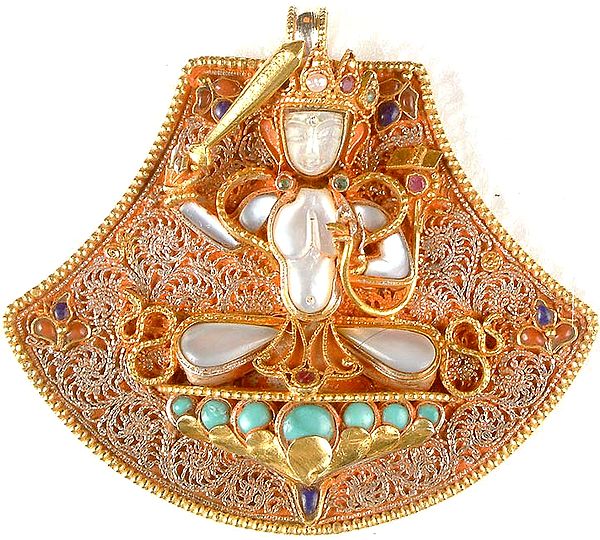 Manjushri - Bodhisattva of Wisdom Carved in Shell with Filigree and Gemstones (Emerald, Turquoise, Lapis Lazuli, and Tourmaline)