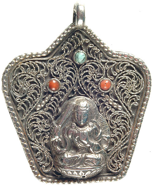 Manjushri Pendant with Fine Filigree Work, Coral and Turquoise