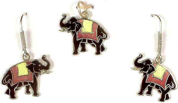 Meenakari Elephant Pendant With Matching Earrings Set