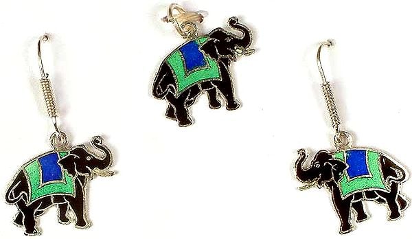 Meenakari Elephant Pendant With Matching Earrings Set