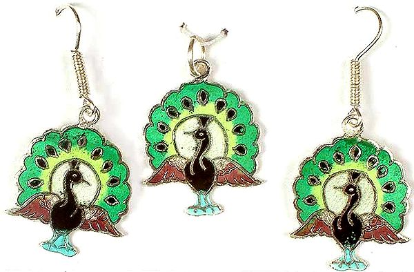 Meenakari Flying Peacock Pendant With Matching Earrings Set