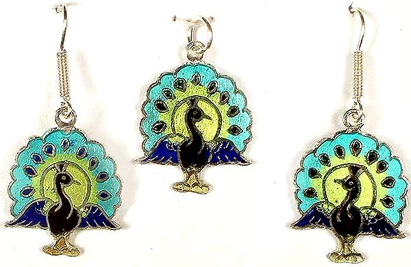 Meenakari Flying Peacock Pendant With Matching Earrings Set