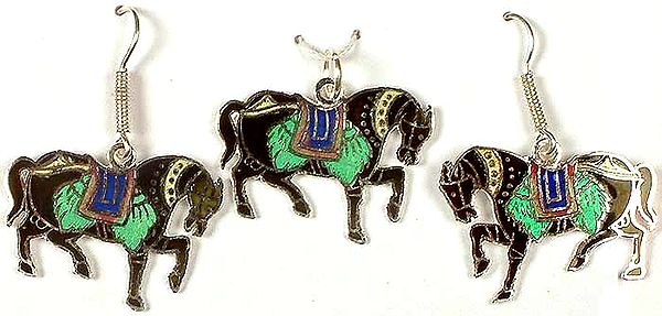 Meenakari Horse Pendant With Matching Earrings Set