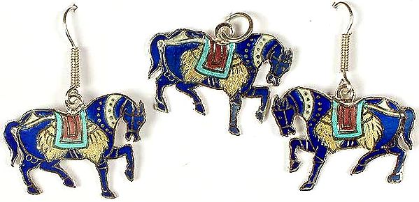 Meenakari Horse Pendant With Matching Earrings Set