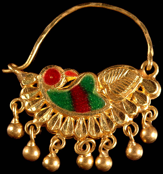 Meenakari Nose Ring with Carved Leaf and Dangles