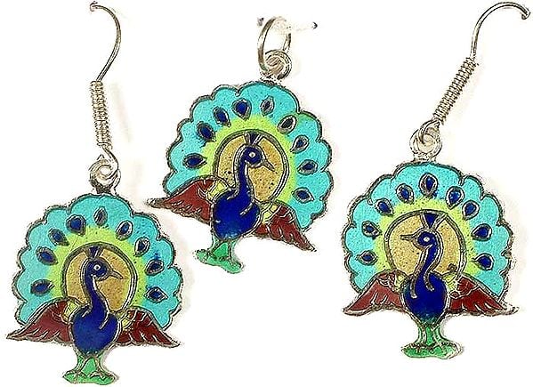 Meenakari Peacock Pendant & Earrings Set