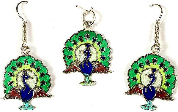 Meenakari Peacock Pendant & Earrings Set