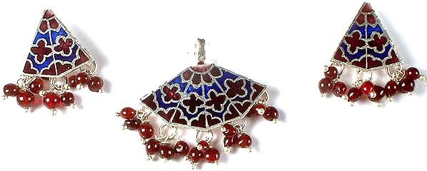 Meenakari Pendant and Earrings Set with Dangling Garnet