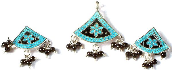 Meenakari Pendant and Earrings Set with Dangling Black Onyx