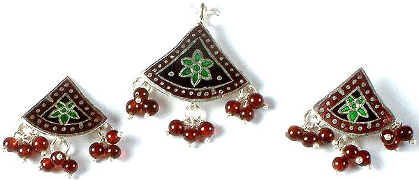 Meenakari Pendant and Earrings Set with Dangling Garnet