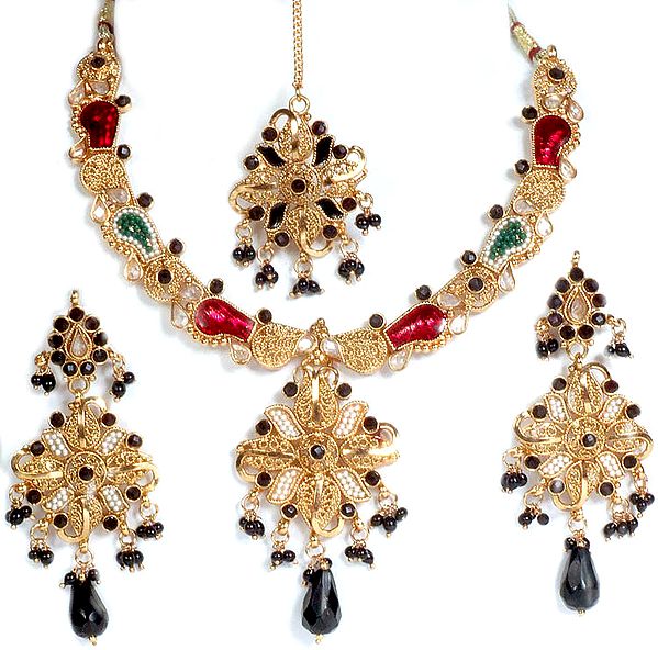 Meenakari Polki Necklace and Earrings Set Accented with Black Beads and Forehead Tika