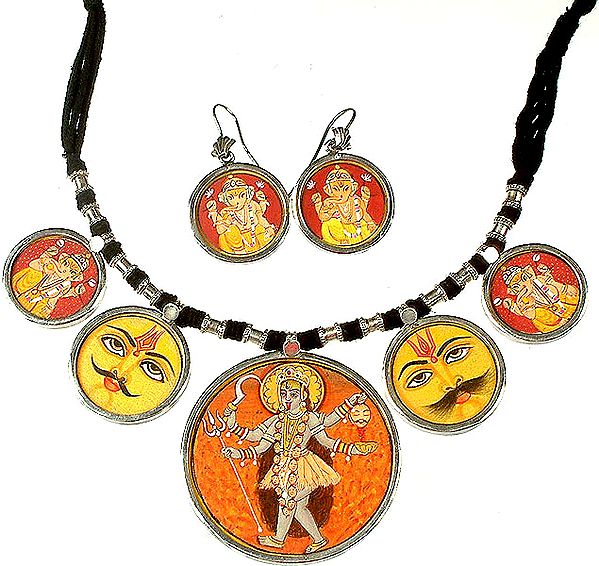 Mother Kali Necklace with Ganesha and Surya and Earrings Set