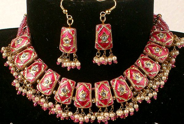 Mughal Hand Crafted Necklace with Dangles and Earrings Set