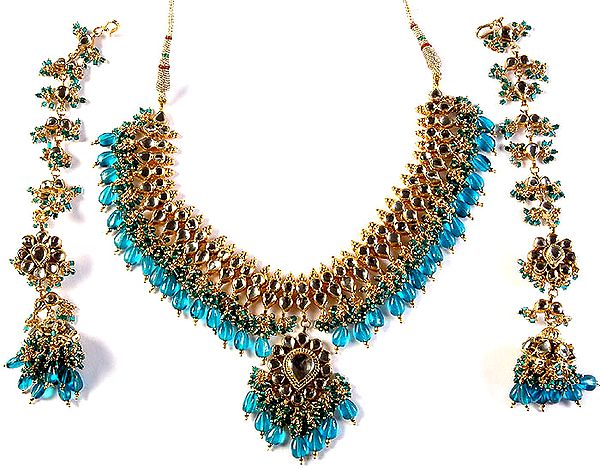 Azure Kundan Necklace with Cut-Glass Beads and Matching Earwrap Earrings