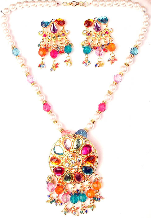 Multi Color Cut Glass Necklace with Jhumka Earrings
