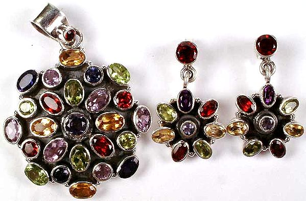 Multi Color Faceted Gemstone Pendant and Earrings Set