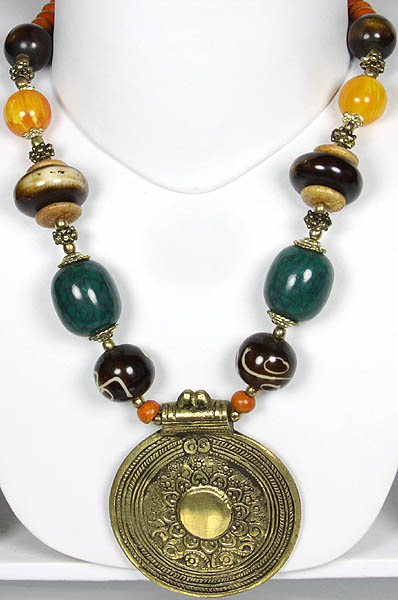 Multi-Color Beaded Necklace with Golden Metallic Pendant