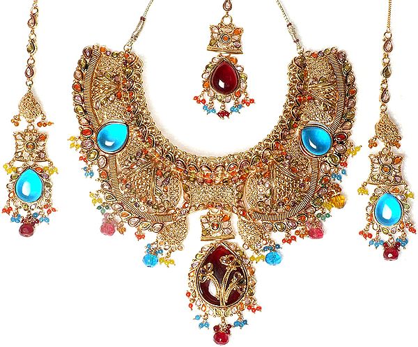 Multi-Color Bridal Necklace, Tika and Earrings Set with Large Cyan and Red Cabochons