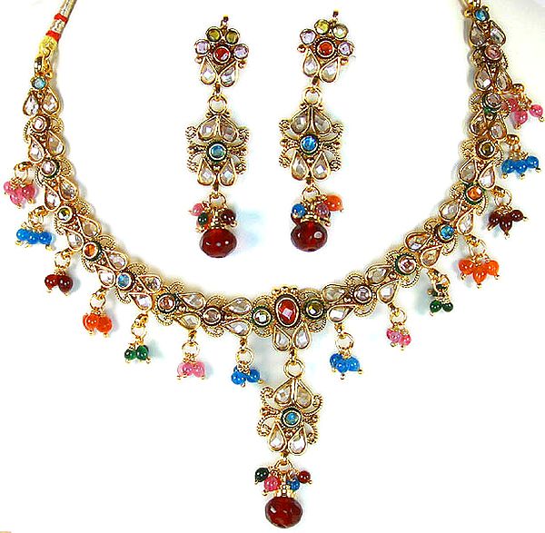 Multi-Color Polki Necklace and Earrings Set with Cut Glass
