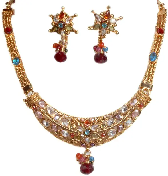 Polki Necklace and Earrings Set with Mixed Faux Gemstones