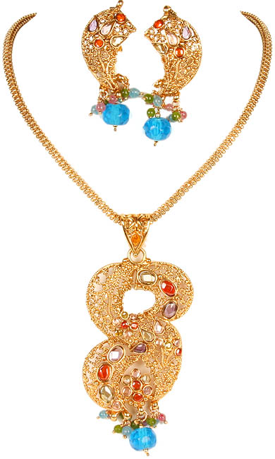 Multi-Color Polki Necklace and Earrings Set with Filigree