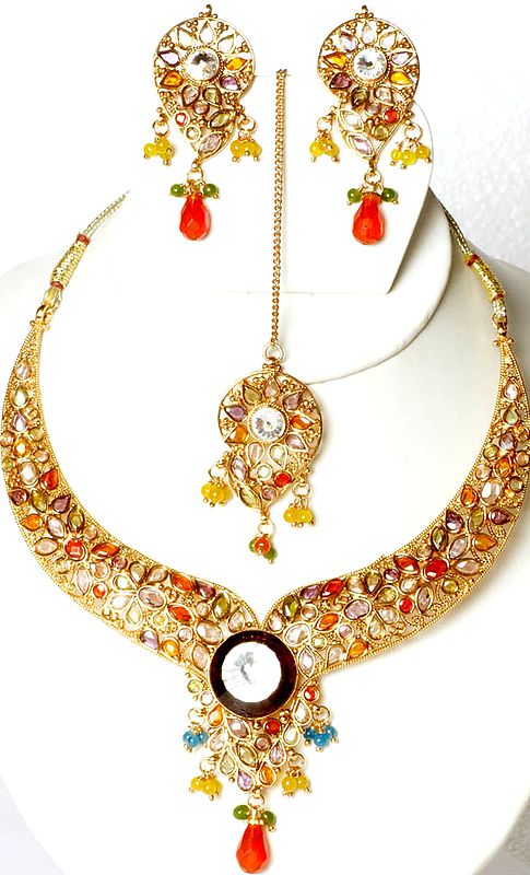 Multi-Color Polki Necklace Set with Large Central Crystal