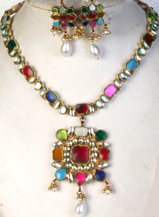 Multi-Color Thewa Necklace Set with Real Kundan