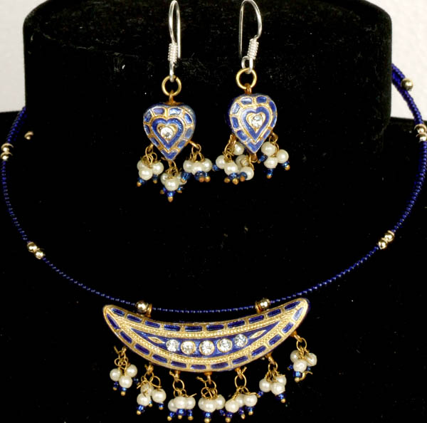 Navy-Blue Choker Necklace and Earrings Set