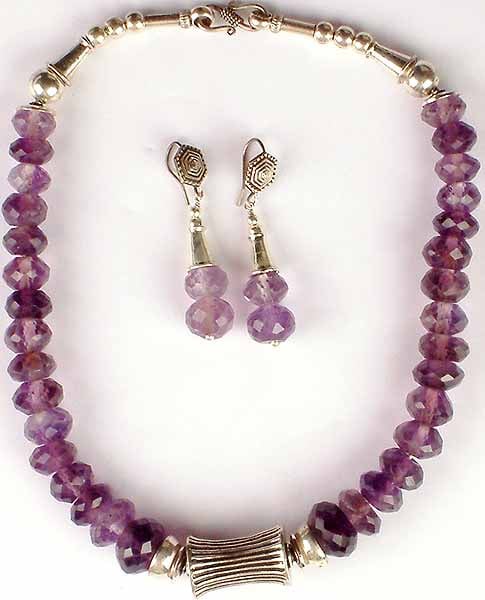 Necklace and Earrings Set of Large Faceted Amethyst Rondells
