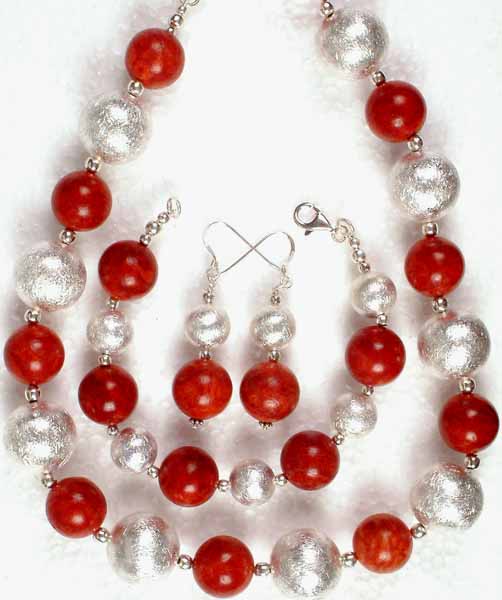 Necklace, Bracelet & Earrings Set of Indonesian Coral with Matt Finish Sterling Balls