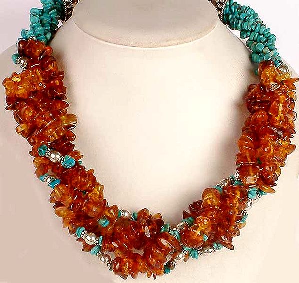 Necklace of Amber and Turquoise Chips