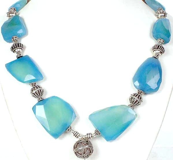 Necklace of Faceted Blue Chalcedony Chunky Nuggets