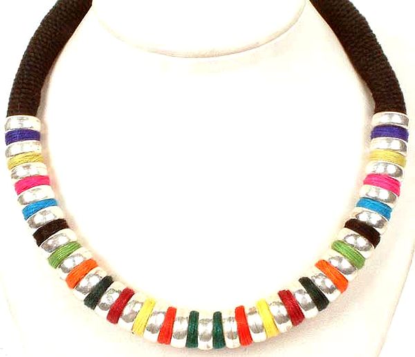 Necklace of Sterling Rings with Colorful Cord