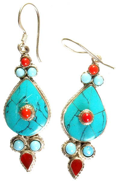 Nepalese Earrings with Coral and Turquoise