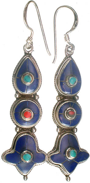 Nepalese Earrings with Lapis Lazuli, Coral and Turquoise