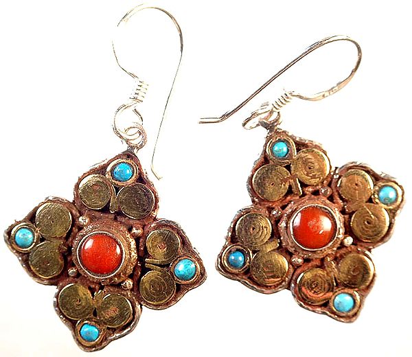 Nepalese Filigree Earrings with Coral and Turquoise