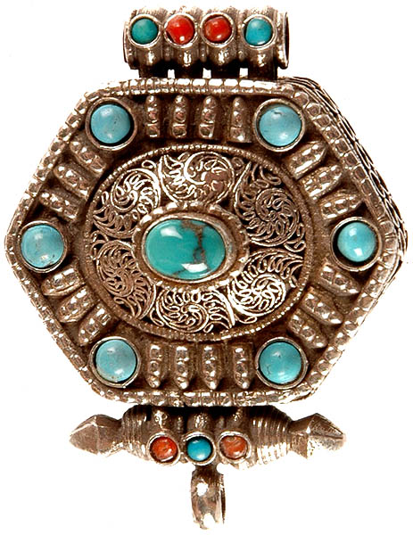 Nepalese Filigree Gau Box Pendant with Turquoise and Coral